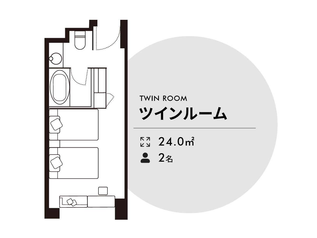 ソラリア西鉄ホテル銀座 ツインルーム24㎡ ベッド幅115cm×195cm 2台