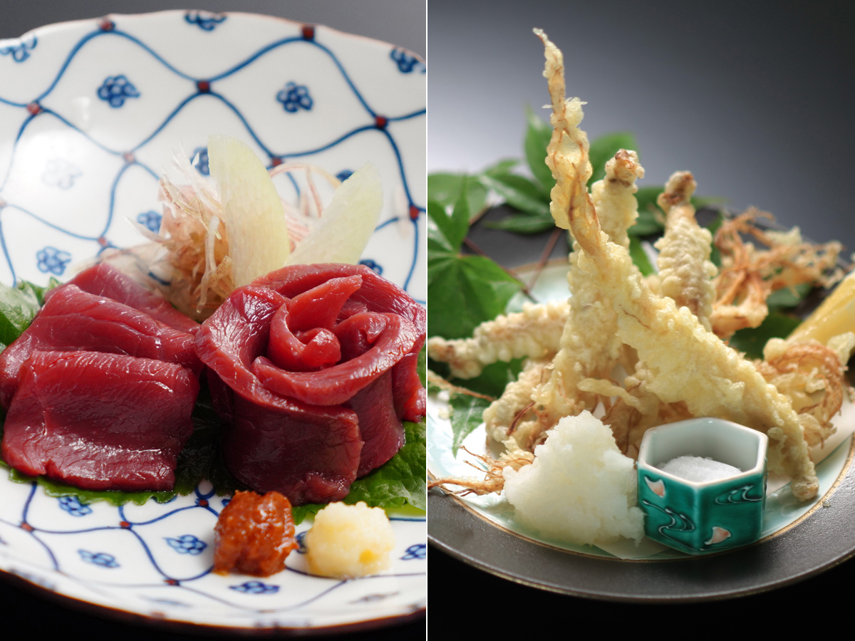 旅館花屋 高級地元食材『国産 馬刺』＆ 『地場産薬用人参天ぷら』滋味あふれる人気の珍味◆地産地消グルメ堪能プラン