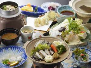 湯免温泉　湯免観光ホテル　名湯　ゆめの郷 【ふく鮑会席】おかげさまで一万名様突破☆当館人気№１！鮑のしゃぶしゃぶ・陶板焼、河豚の刺身と釜飯♪