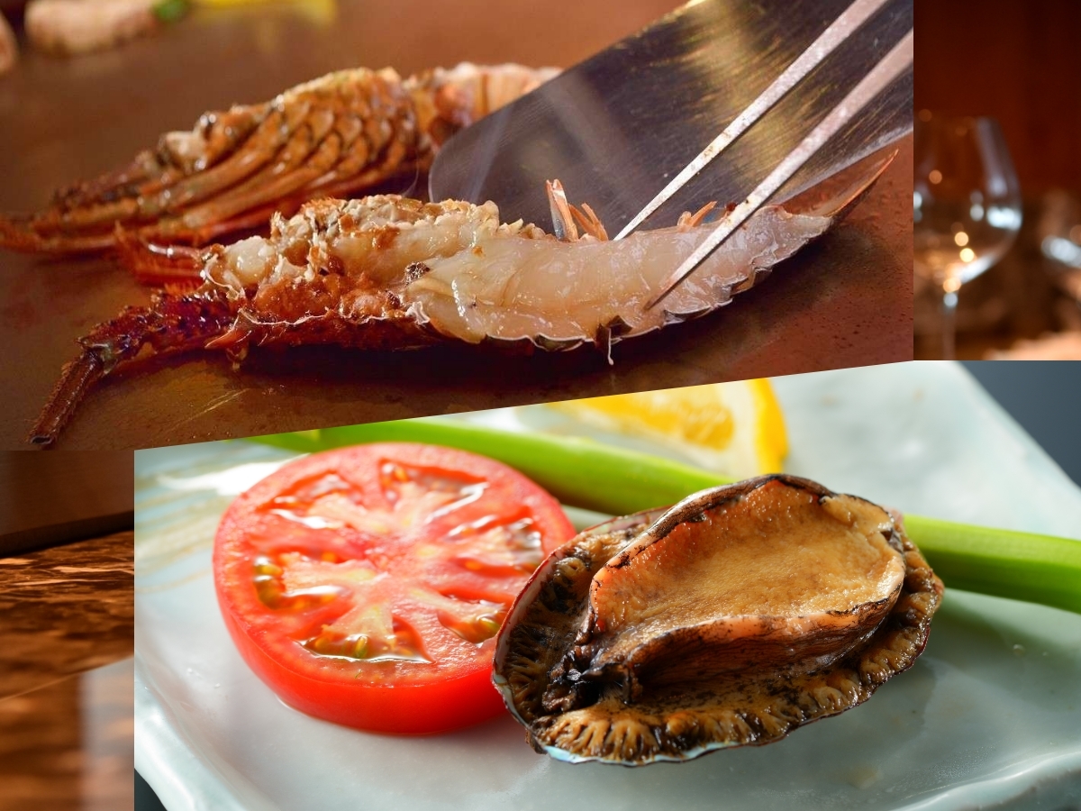 山荘　神和苑 【 鉄板焼　扇山コース 】　国産黒毛和牛と伊勢海老・鮑のバター焼き付／夕食時間17:30